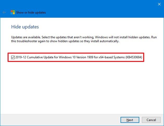 Select Windows Update release to hide