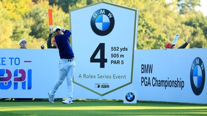 Rory McIlroy pictured teeing off at the 2019 BMW PGA Championship at Wentworth