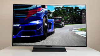 LG OLED48C3 with racing cars on screen