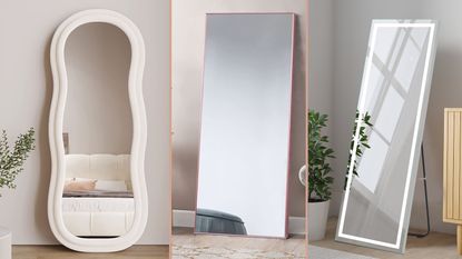 Standing mirrors with three types of standing mirrors in homes , one white mirror with a curvy frame, one with a minimalist frame and another with built-in lights