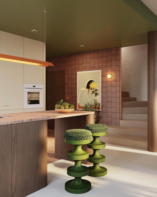 timber and tile kitchen with green ceiling and green bar stools