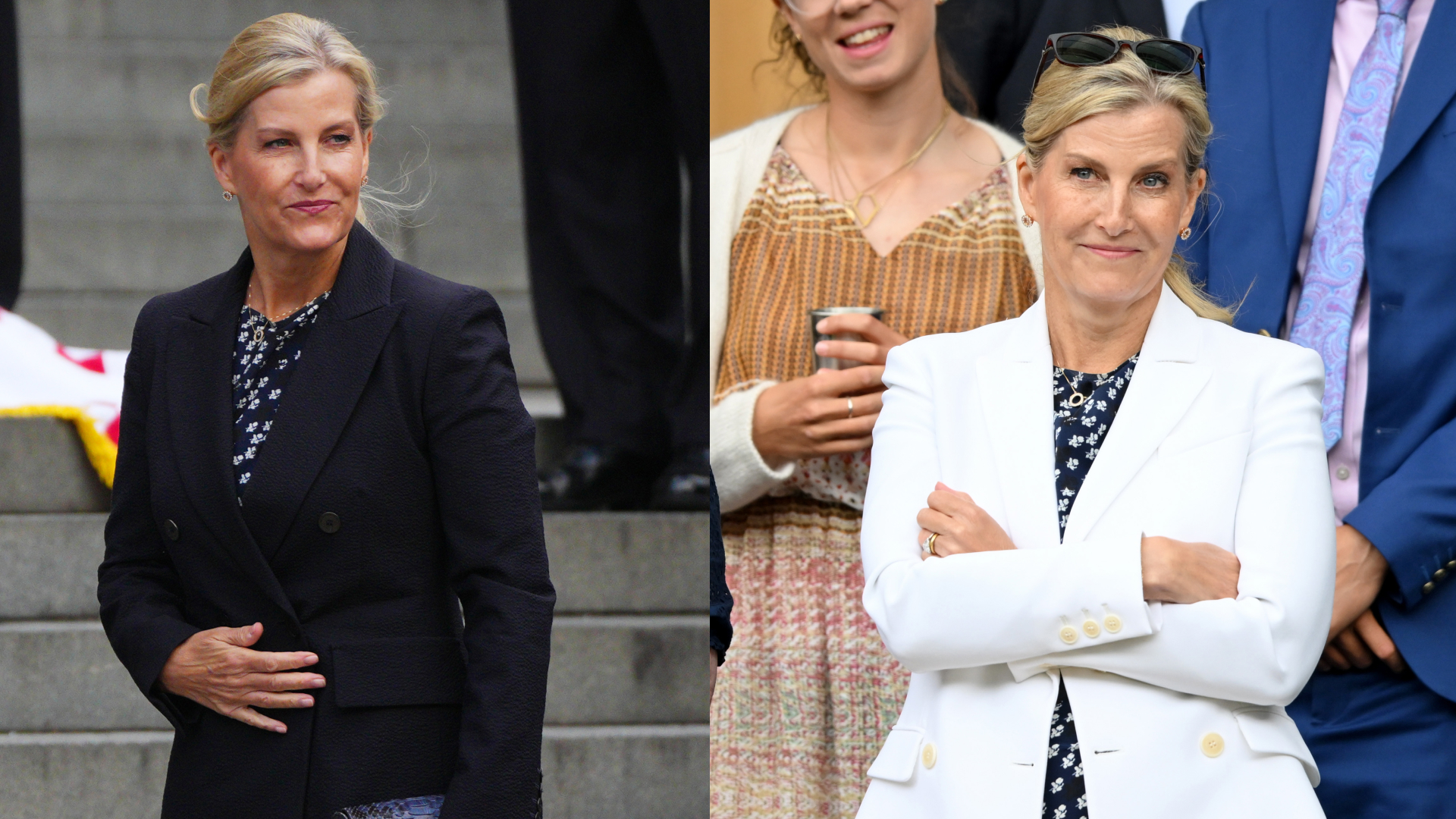 Duchess Sophie wearing a navy blazer and blue print dress and a white blazer with same dress at Wimbledon