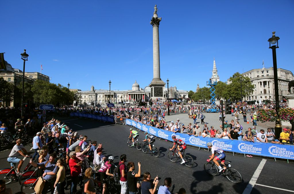 The breakaway flies by Trafalgar Square during the race
