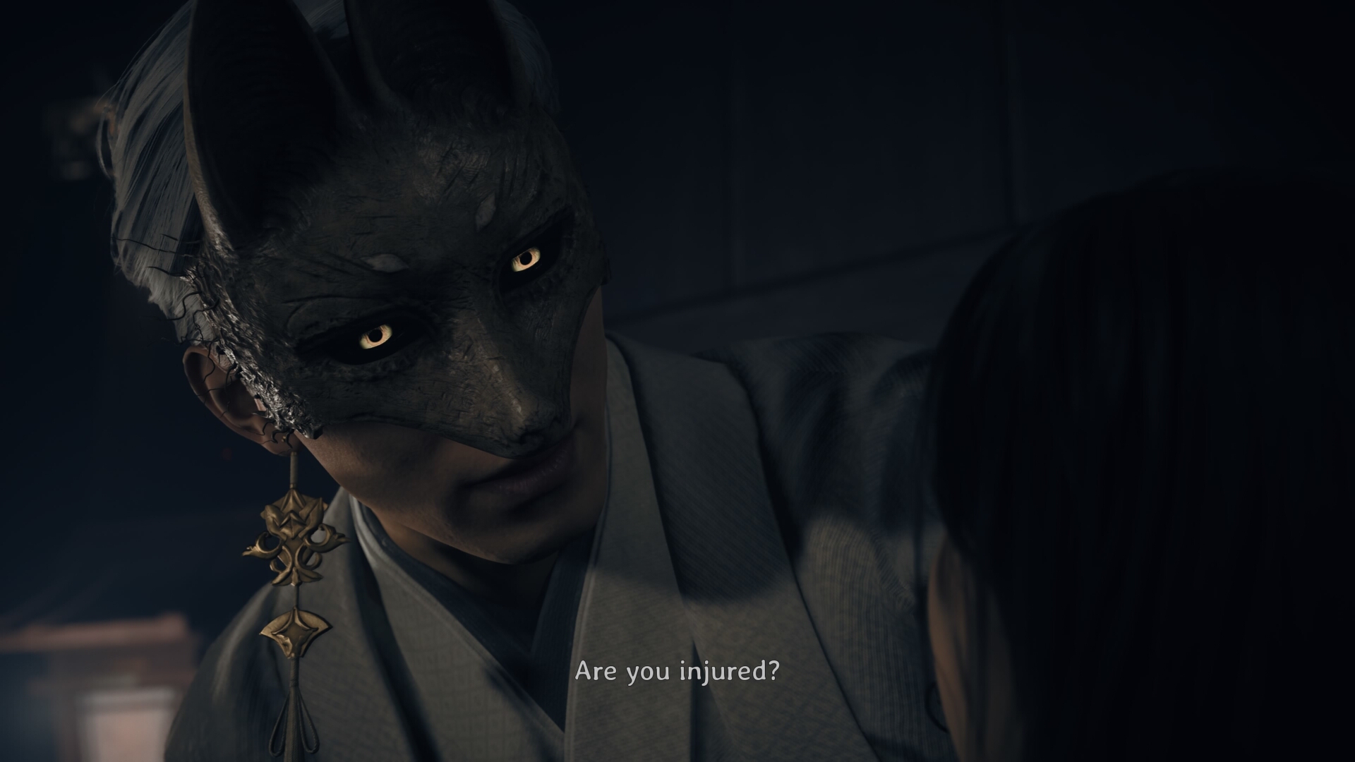 Fox Mask holds Hinako in his arms, his yellow eyes glowing, in Silent Hill f - he is asking &quot;Are you injured?&quot;