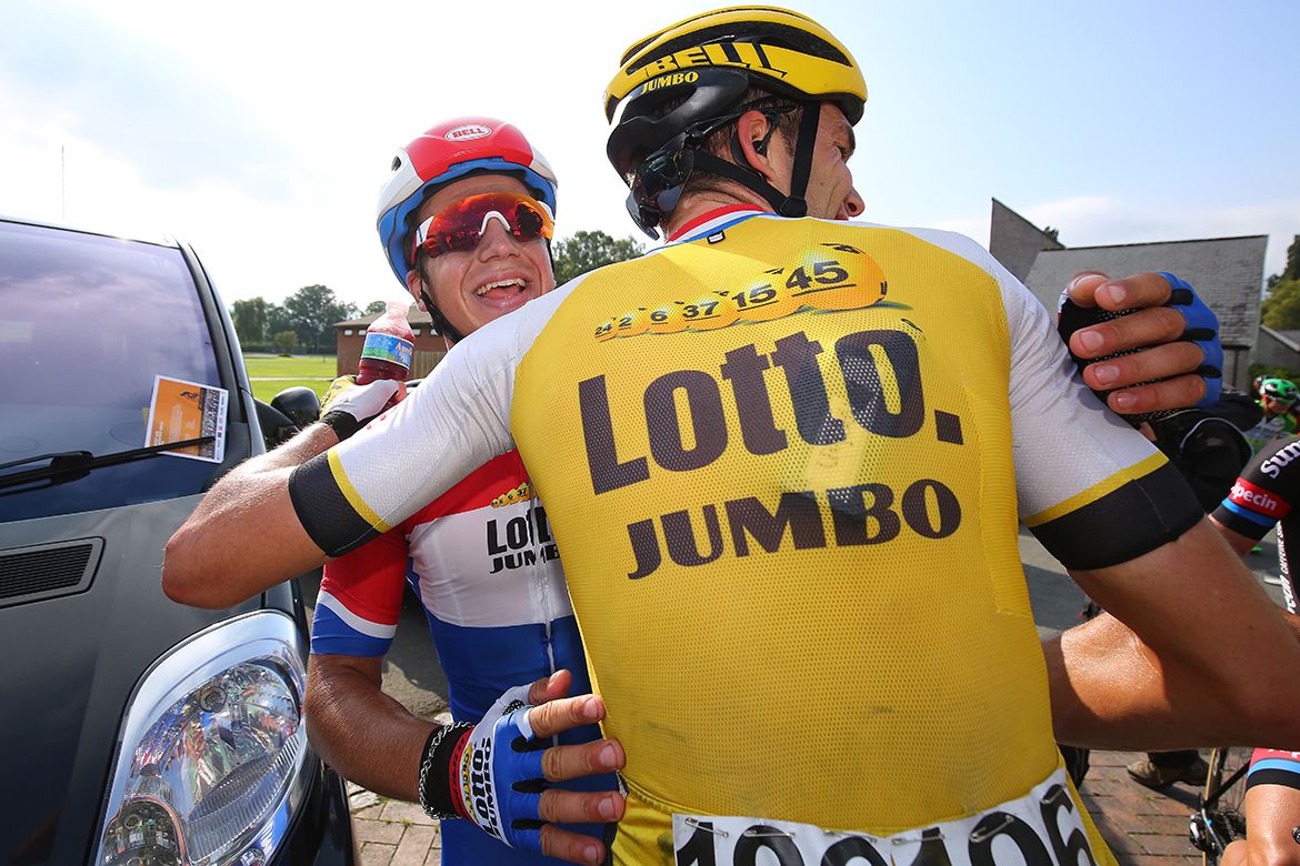 Celebrations for LottoNl-Jumbo after Dylan Groenewegen's win