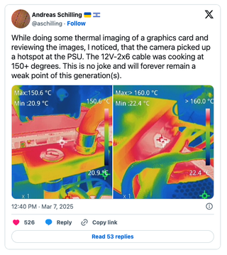 Screenshot of a post by Andreas Schilling detailing high temperatures recorded on an Nvidia GeForce RTX 5090
