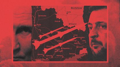 Illustration of Volodymyr Zelenskyy, Vladimir Putin, a map of the Ukraine-Russia border and missile silhouettes