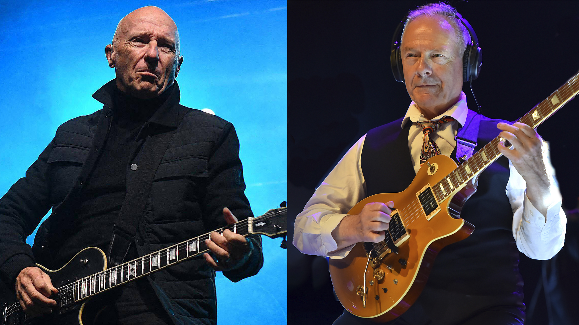 LEFT: Midge Ure at Rockore in Lochore Meadows Country Park, Scotland, August 23, 2025. RIGHT: Robert Fripp performs during Toyah and Robert's Sunday Lunch concert at the O2 Shepherd's Bush Empire on October 21, 2023 in London