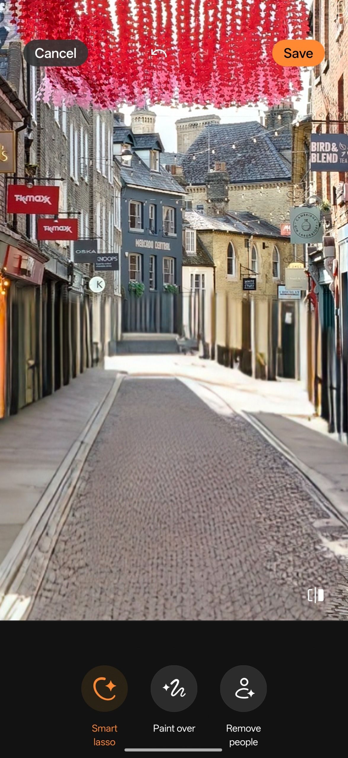 Zoomed view of an AI-edited street scene with pedestrians removed.