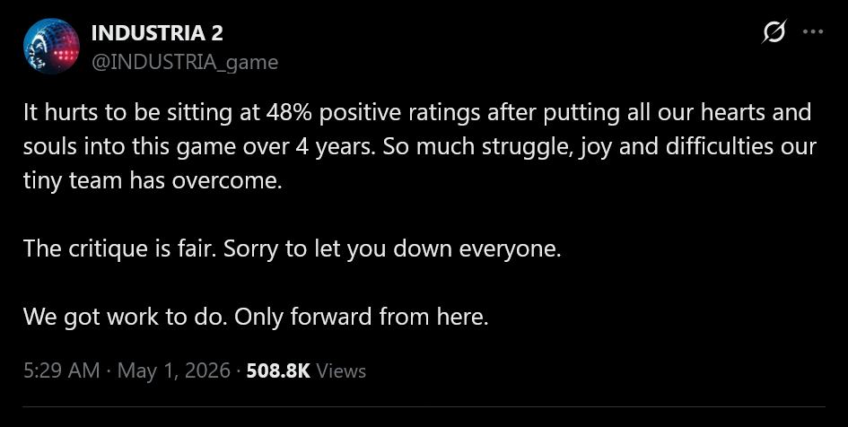 It hurts to be sitting at 48% positive ratings after putting all our hearts and souls into this game over 4 years. So much struggle, joy and difficulties our tiny team has overcome.The critique is fair. Sorry to let you down everyone.We got work to do. Only forward from here.