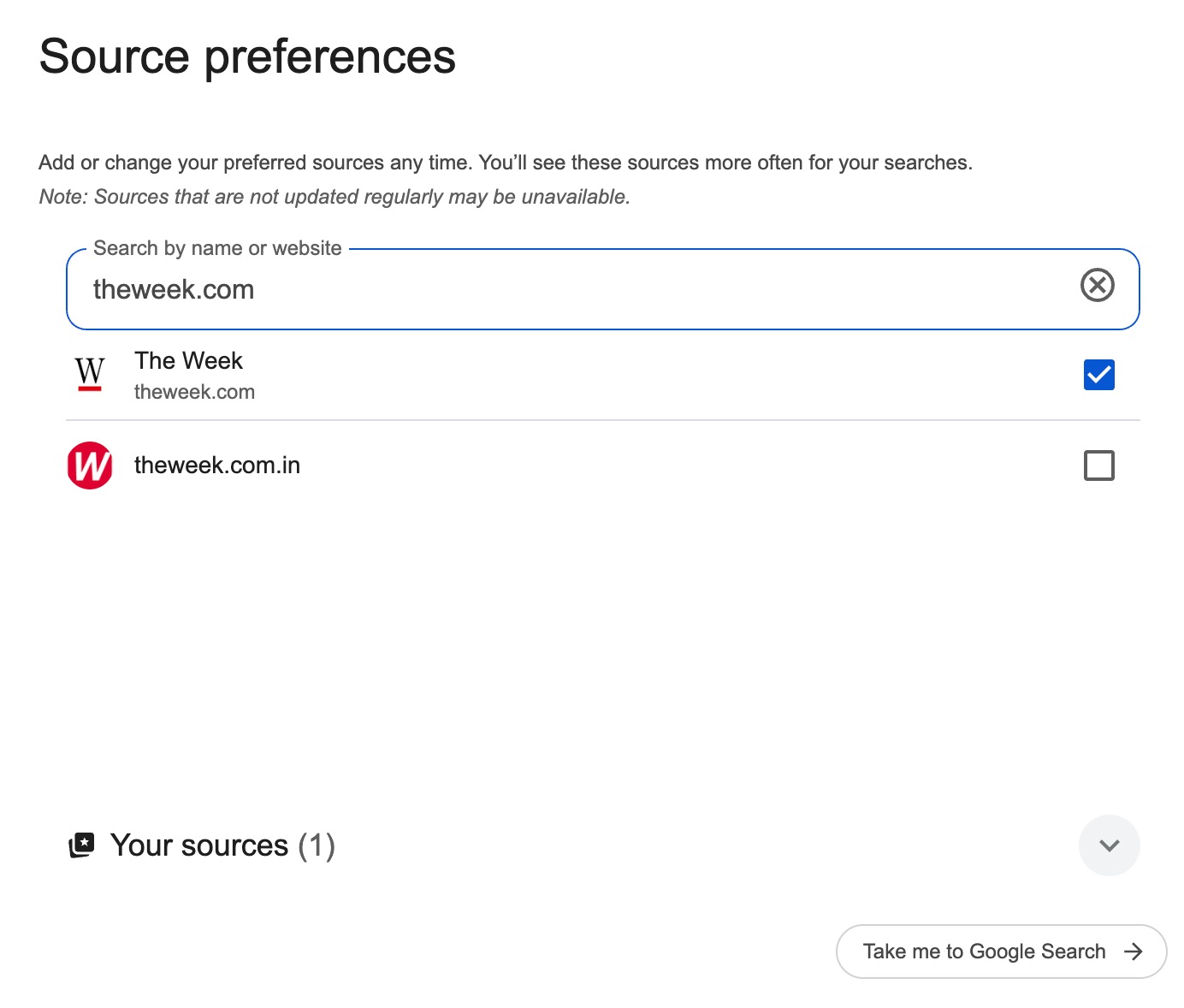 A screenshot from Google showing The Week selected as a preferred source.