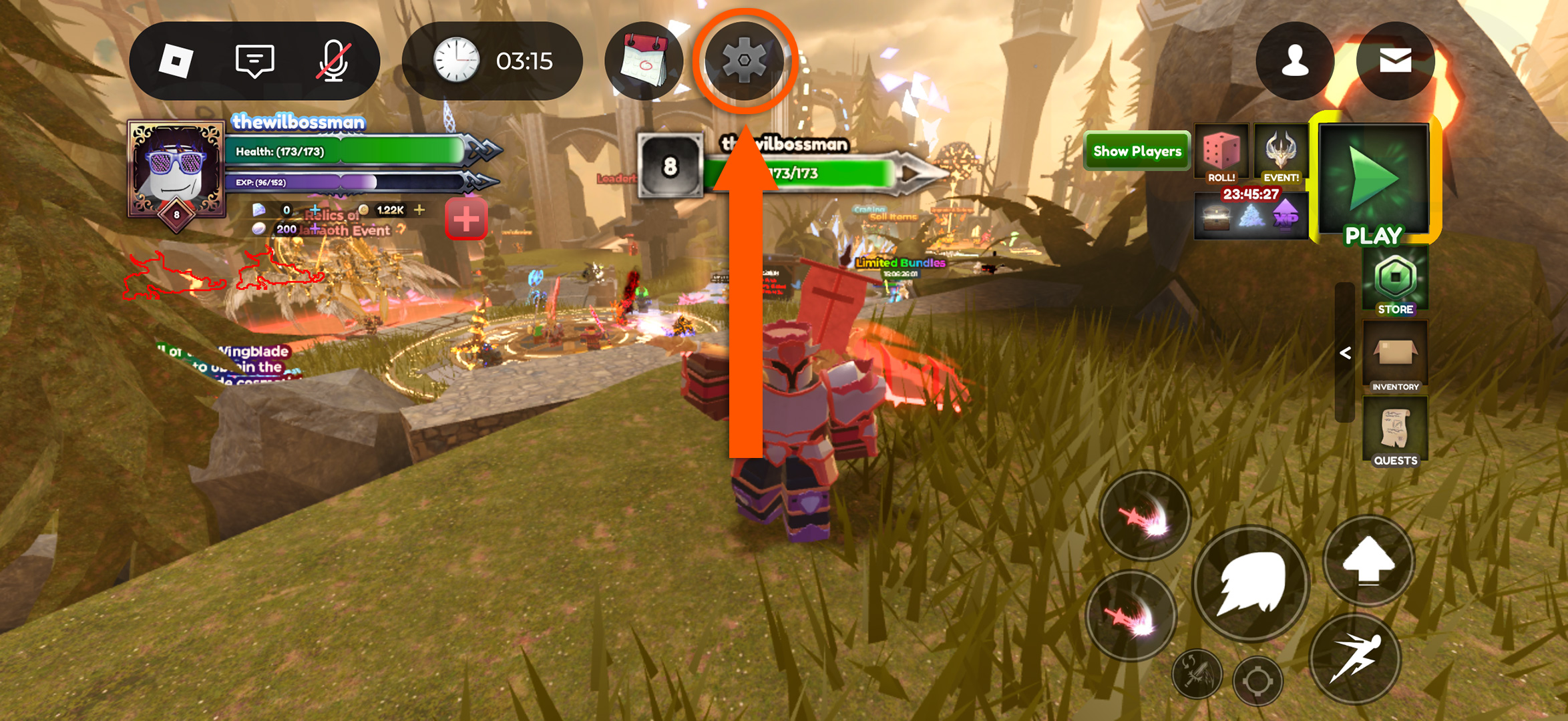 Una flecha que muestra cómo acceder al menú de configuración para canjear códigos de Fabled Legacy