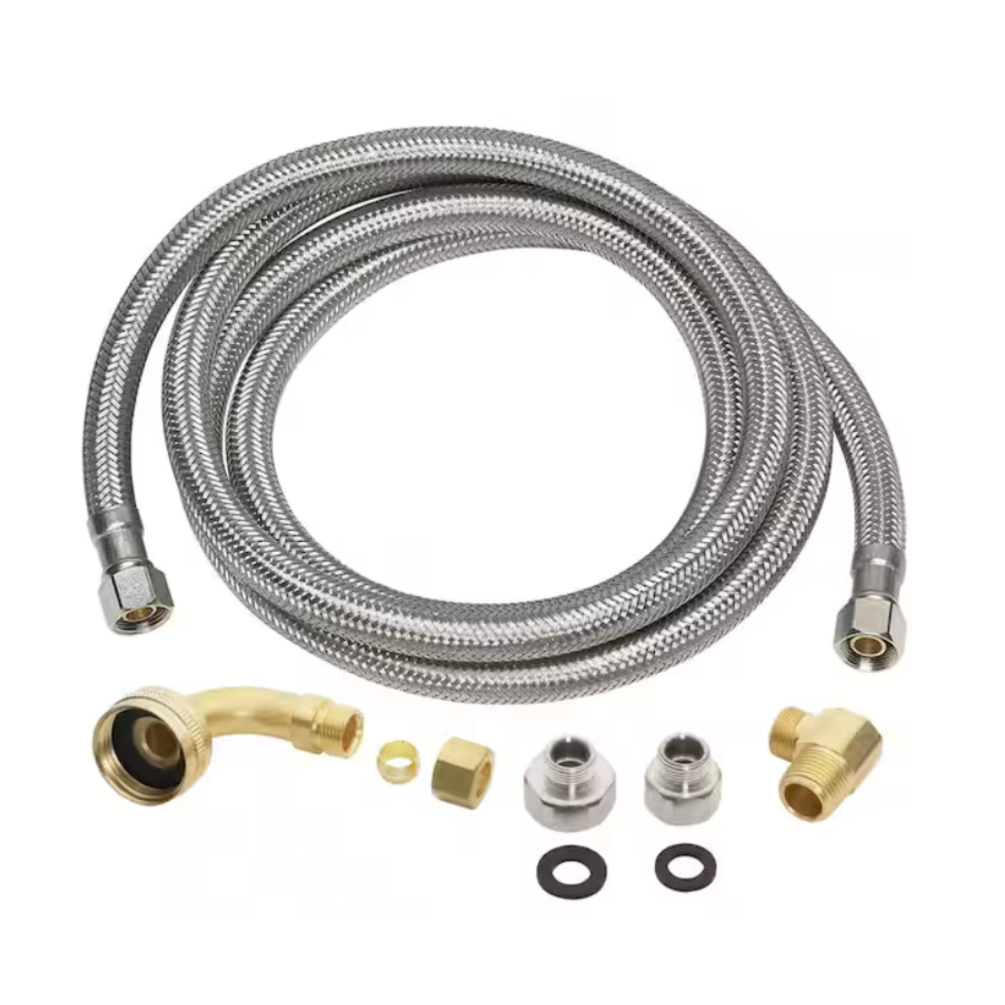 Everbilt stainless steel dishwasher connector and parts against white background.