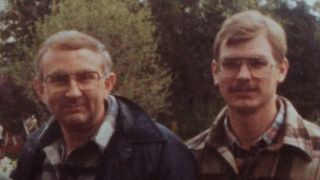 Lionel Dahmer poses with future serial murderer son Jeffery in a home video still from documentary series My Son Jeffrey: The Dahmer Family Tapes