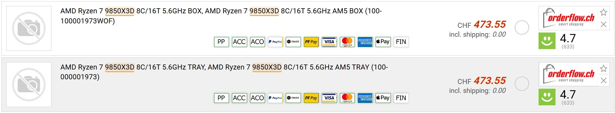 Ryzen 7 9850X3D listed at Swedish retailer Orderflow.ch
