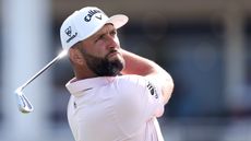 Jon Rahm of Spain hits a tee shot on the 17th hole during the third round of the PGA Championship at Aronimink Golf Club on May 16, 2026 in Newtown, Pennsylvania. 