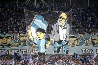 Fans of Adana Demirspor with a tifo ahead of a Europa Conference League game against CFR Cluj in August 2023.