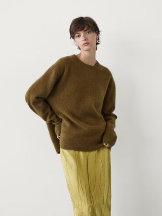 Massimo Dutti, Long Brushed Cashmere Blend Sweater in Olive