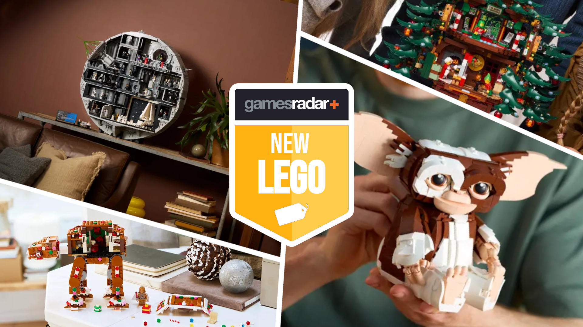 Lego Death Star, Gingerbread AT-AT, Family Christmas Tree, and Gizmo divided by white lines, with a GamesRadar+ &quot;new Lego&quot; badge in the middle