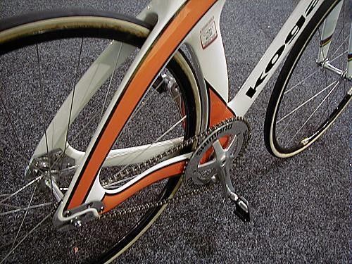 The view from the rear with heavily reinforced track ends - and this is the lighter-weight endurance rider&rsquo;s version. Cross-winds in a velodrome are not an issue so the bike can afford deep seat-stays.