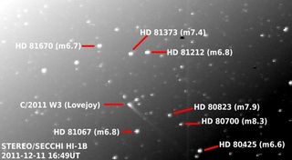 Data from NASA's STEREO spacecraft show the sungrazing comet Lovejoy in relation to background stars on Dec. 11, 2011.