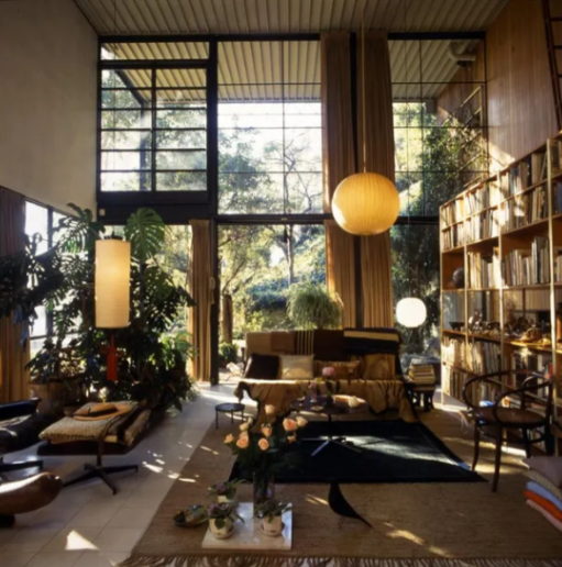 The living room of the Case Study House No. 8 in Santa Monica, California, which the couple designed and lived in. Pictured: the house's living room.