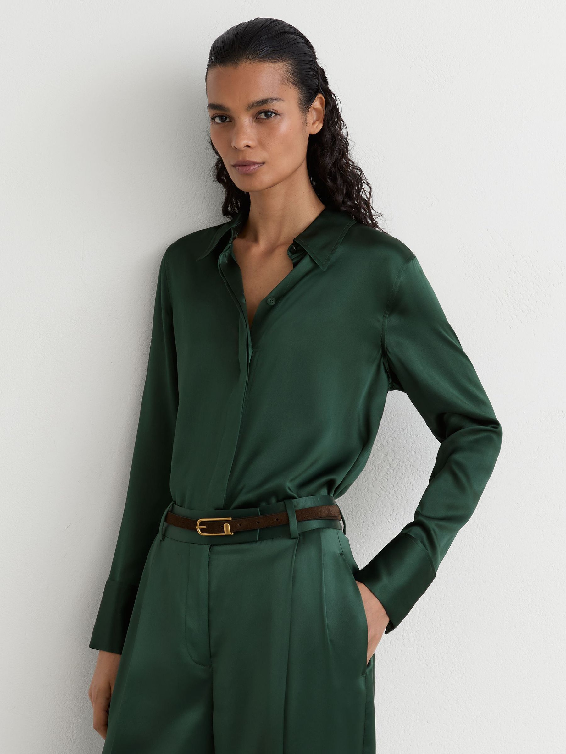 Silk-Satin Concealed-Placket Shirt in Teal Green - Size 4