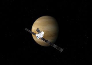 An artist's impression of the Bepicolombo spacecraft flying by Venus.