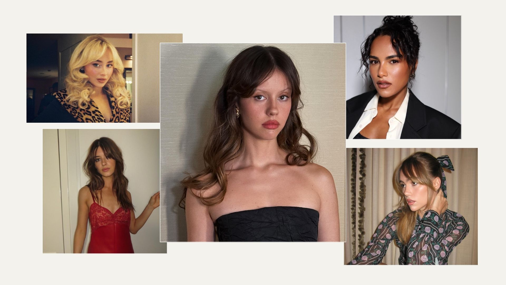 a collage of celebrities with curtain fringe hairstyles