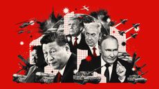Photo composite illustration of Xi Jinping, Vladimir Putin, Benjamin Netanyahu, Kim Jong Un and Donald Trump alongside tanks, missiles, jets, helicopters and explosions