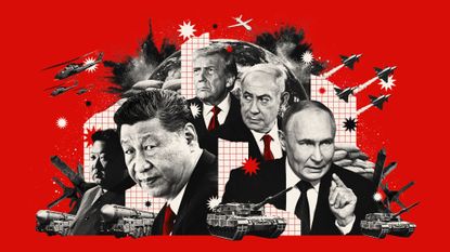 Photo composite illustration of Xi Jinping, Vladimir Putin, Benjamin Netanyahu, Kim Jong Un and Donald Trump alongside tanks, missiles, jets, helicopters and explosions
