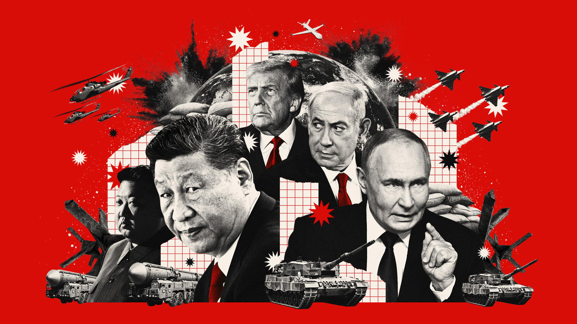 Photo composite illustration of Xi Jinping, Vladimir Putin, Benjamin Netanyahu, Kim Jong Un and Donald Trump alongside tanks, missiles, jets, helicopters and explosions
