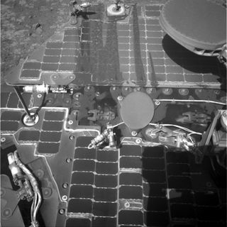 Dust streaks on the rear solar panel of NASA's Mars rover Opportunity on March 21, 2016 after a series of drives where the rover was pointed steeply uphill.