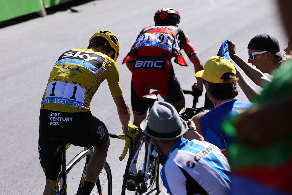 Yellow jersey Chris Froome (Team Sky) follows Richie Porte (BMC) to the line
