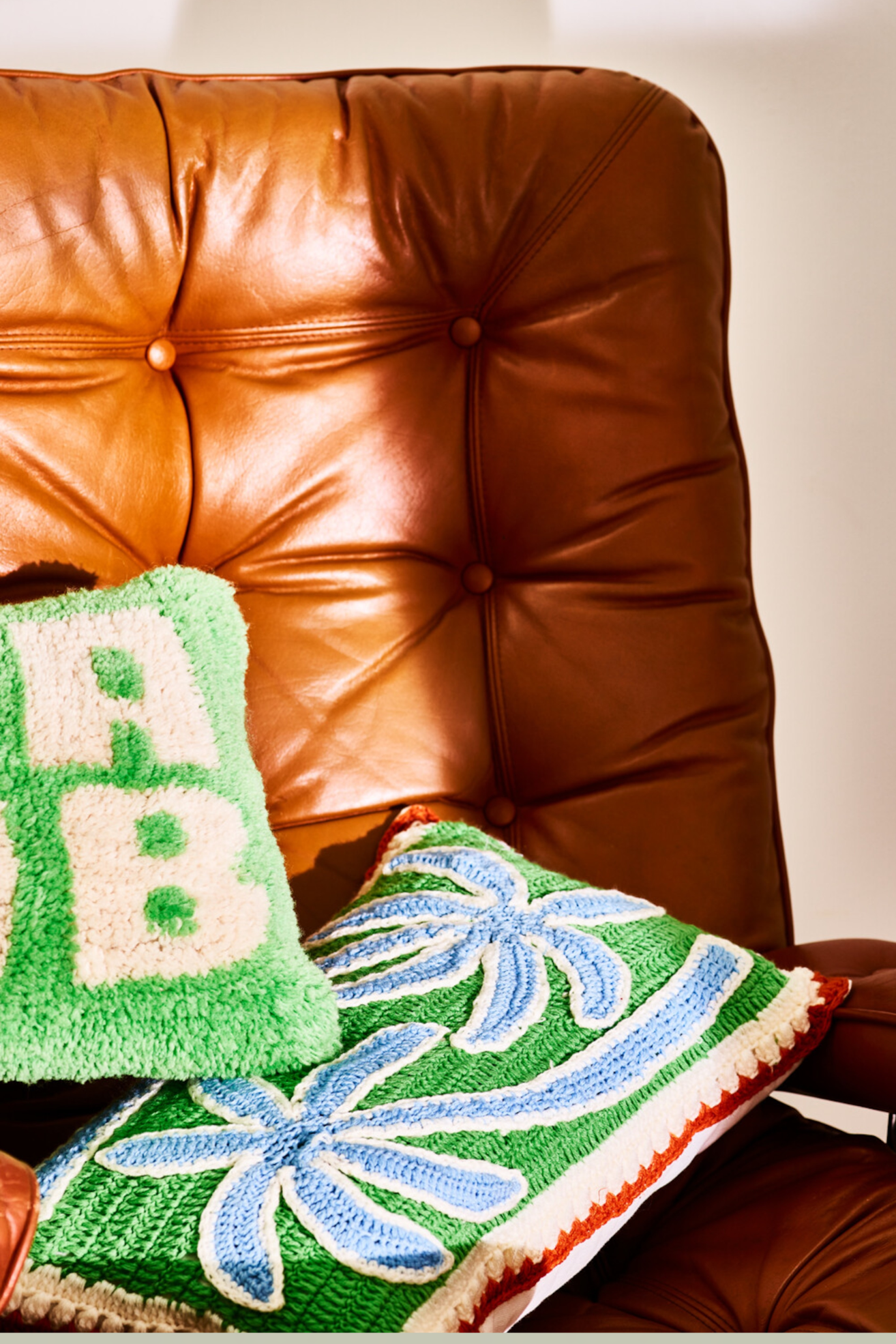 Leather chair with crochet cushion
