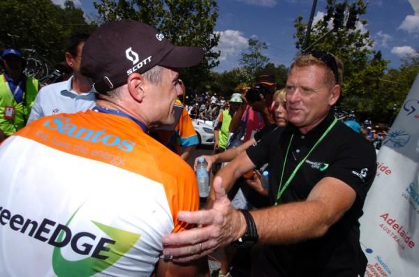Shayne Bannan congratulates Gerrans on his overall win.