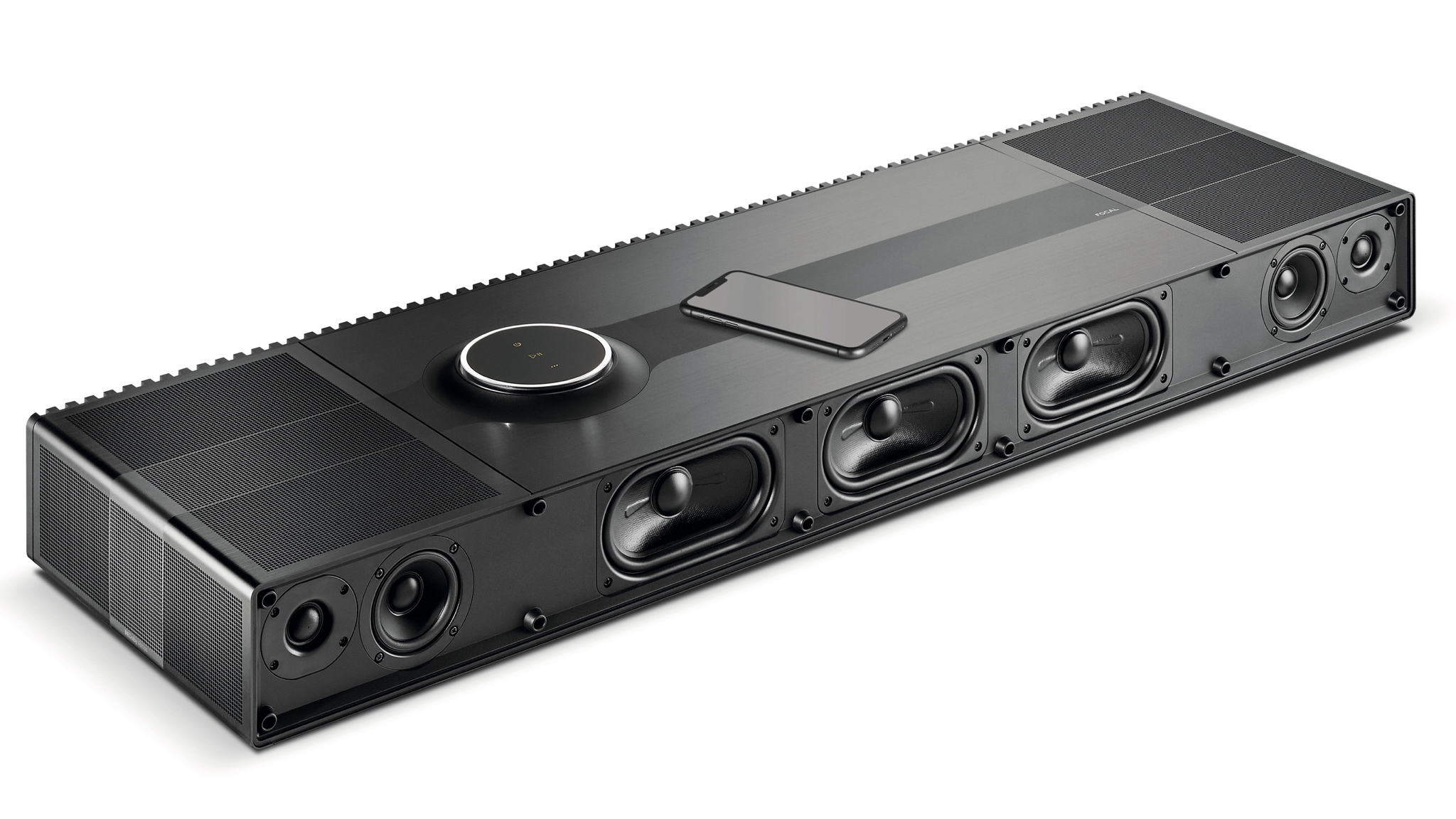 Focal Mu-so Hekla soundbar shot diagonally on a white background with the speaker grilles removed