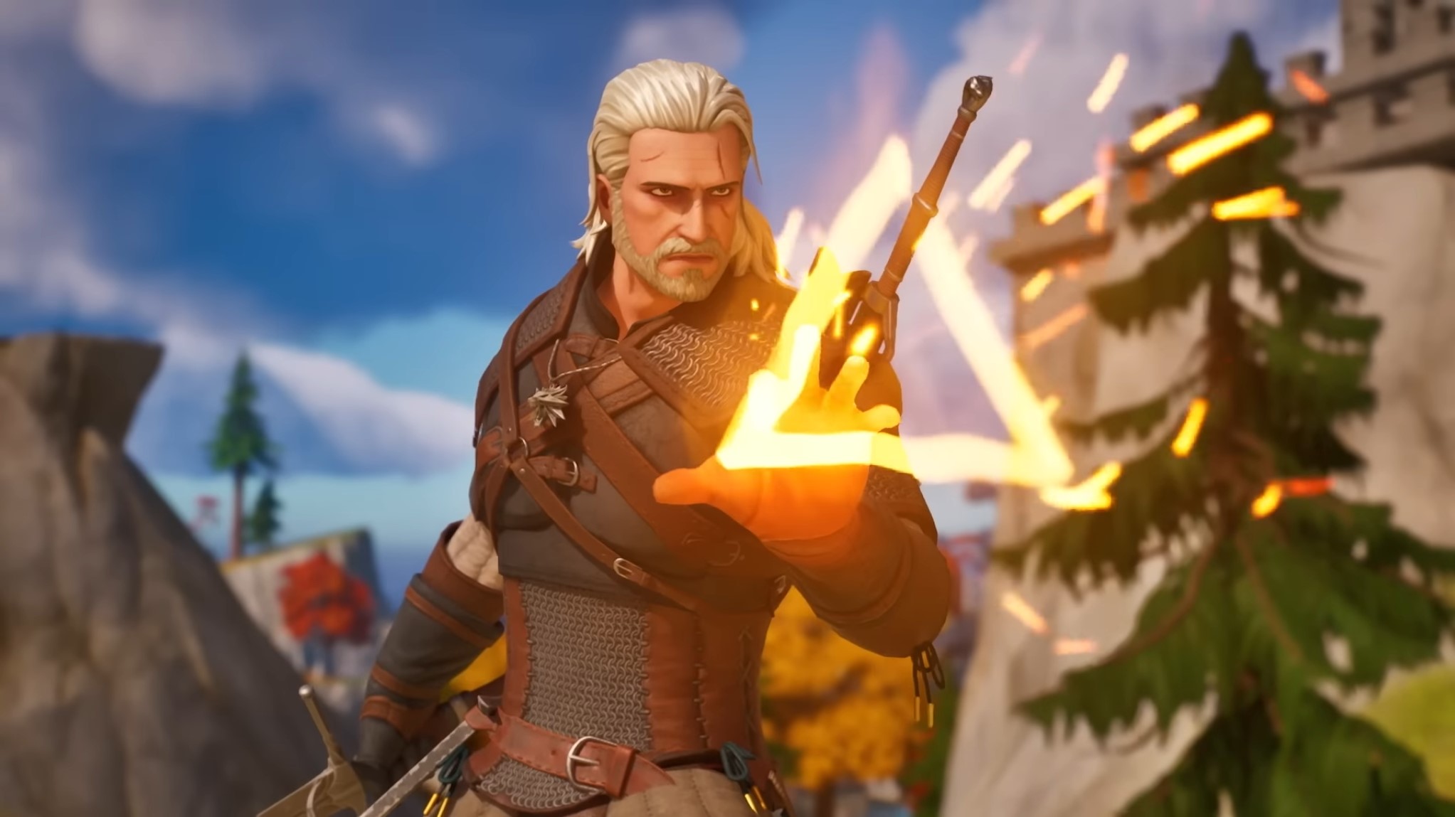 Geralt makes the igni sign in the Fortnite engine