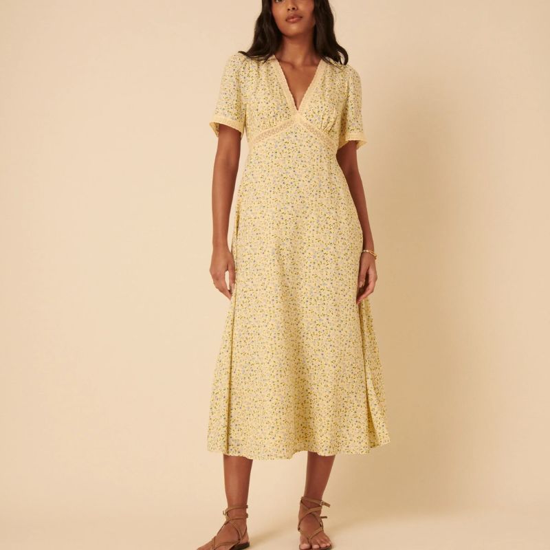 butter yellow floral tea dress