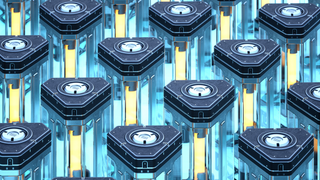 Digital generated image of triangular shaped battery made out of metal, glass and glowing element inside.