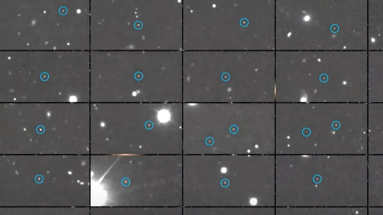 A series of dots with blue rings around them over a gray background