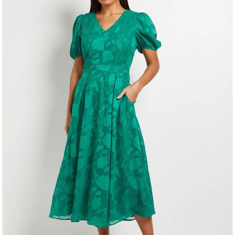 Principles , Floral Jacquard Puff Sleeve Midi Dress