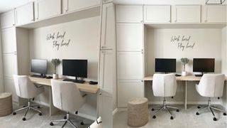 neutral home office with wall of storage and double desk