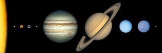 The solar system to scale. The diameter of Jupiter (middle, with red spot) is about 11 times that of Earth (third planet from the left).