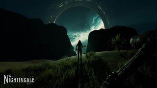 Nightingale promotional screenshot of a player walking into a new realm.
