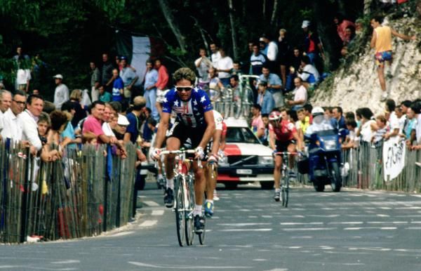 Andy Hampsten races clear in 1989. Team mate Greg Lemond would go on to win the race