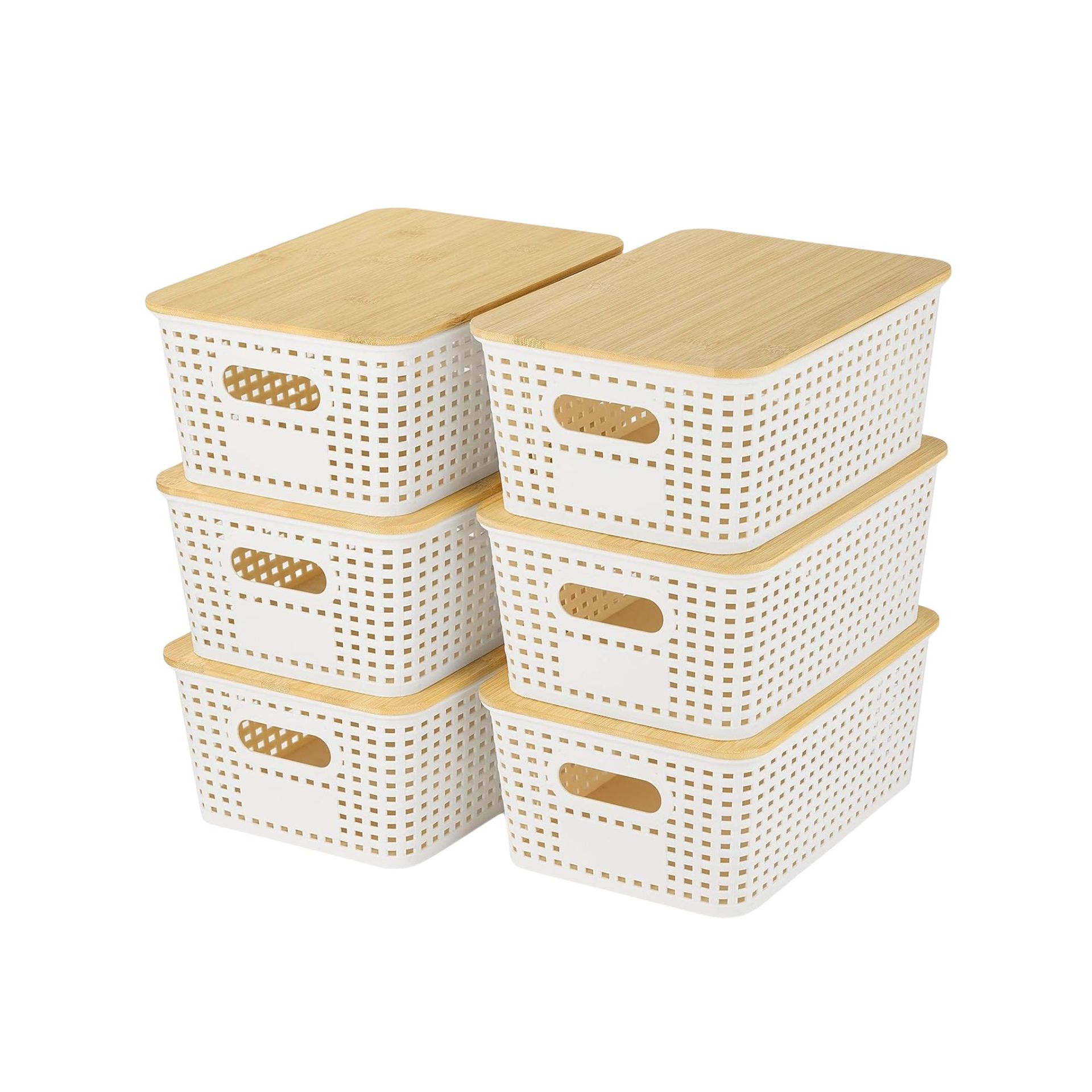 Six white plastic woven storage baskets with bamboo wooden lids