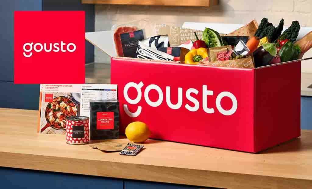 gousto logo placed over a box of gousto in a kitchen AI Generated