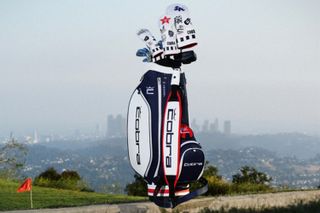 A Cobra golf bag in front of the Los Angeles skyline