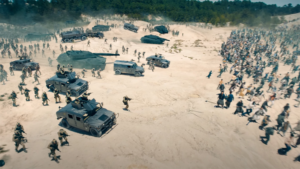 Boravia forces charging at a Jarhanpur crowd of people in 2025's Superman movie